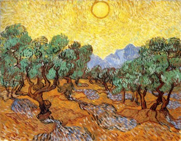  amarillo Lienzo - Olivos con cielo amarillo y sol paisaje de Vincent van Gogh